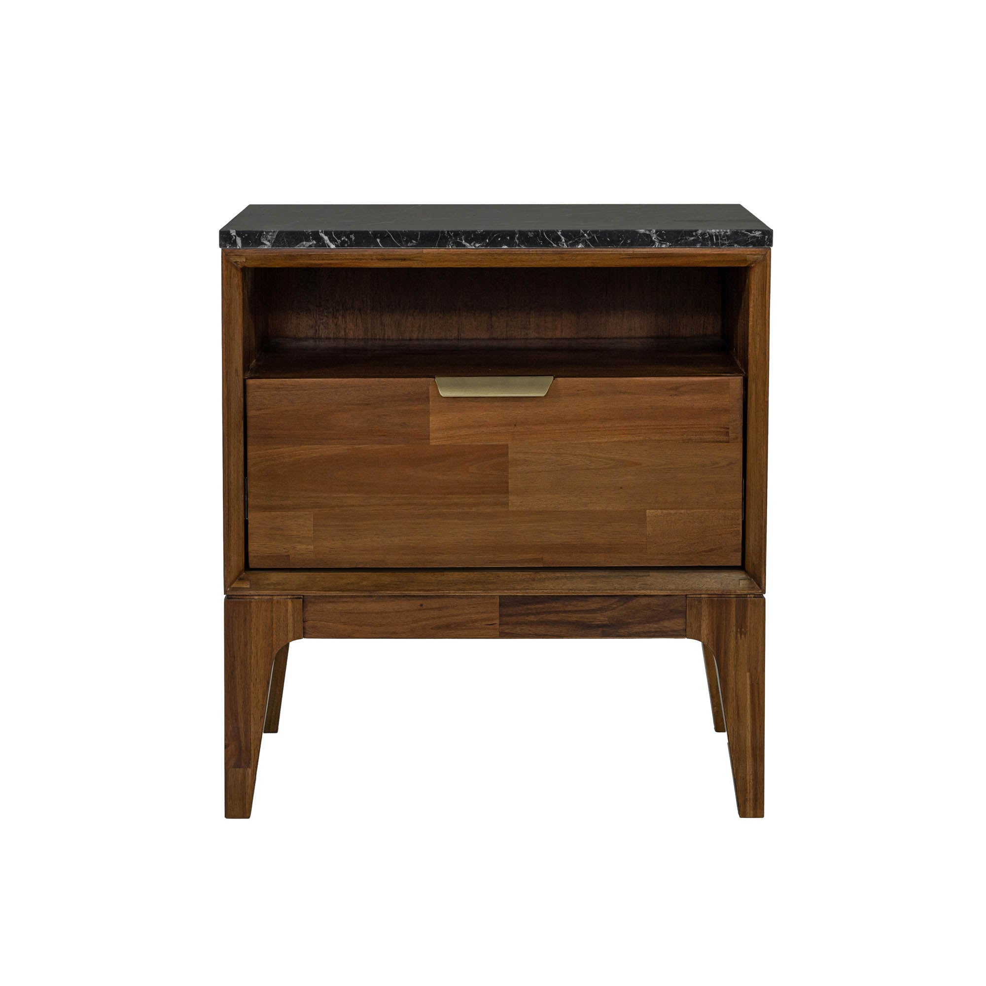 Front view of the Allure nightstand featuring a rich acacia wood frame, a single drawer with a brass handle, an open shelf, and a black marble top