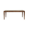Front view of the Allure dining table in a rich walnut-toned acacia wood featuring a minimalist rectangular top and flared tapered legs