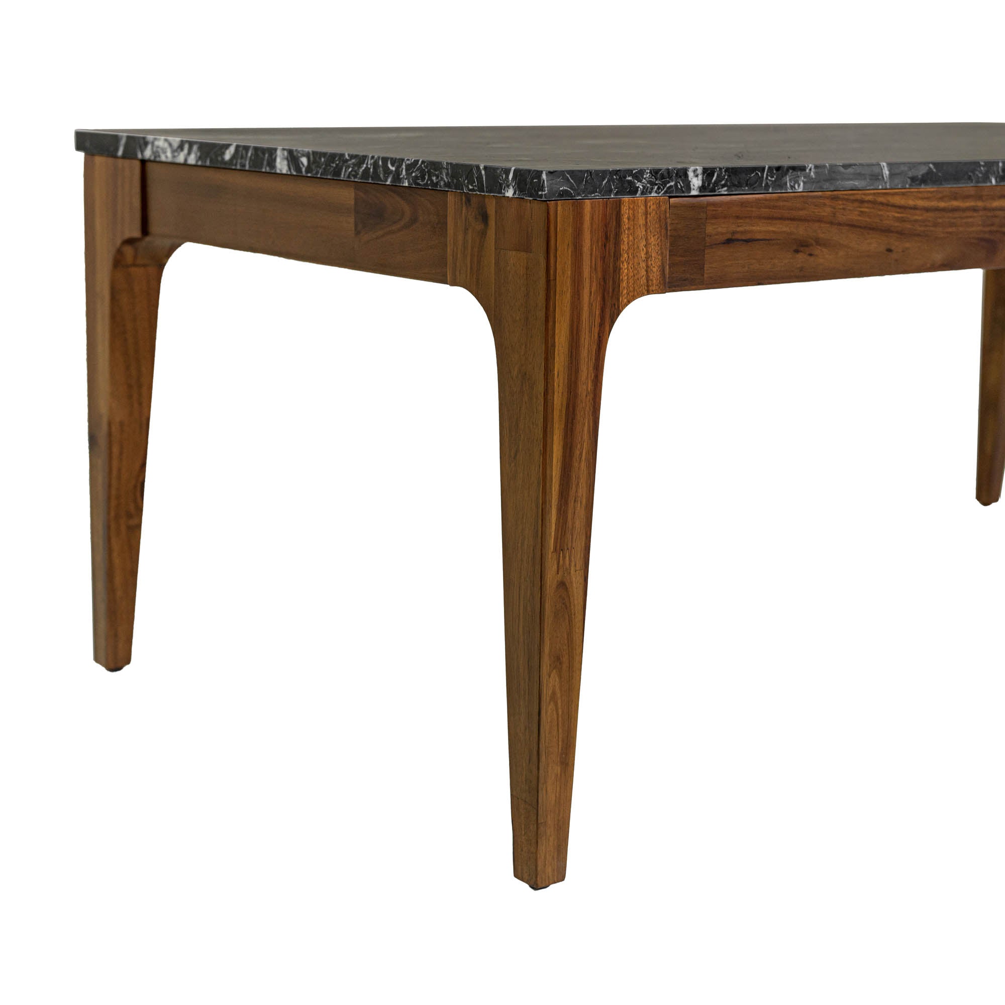 Front view of the Allure coffee table featuring a rectangular black marble top with white veining inset in a rich walnut wood frame