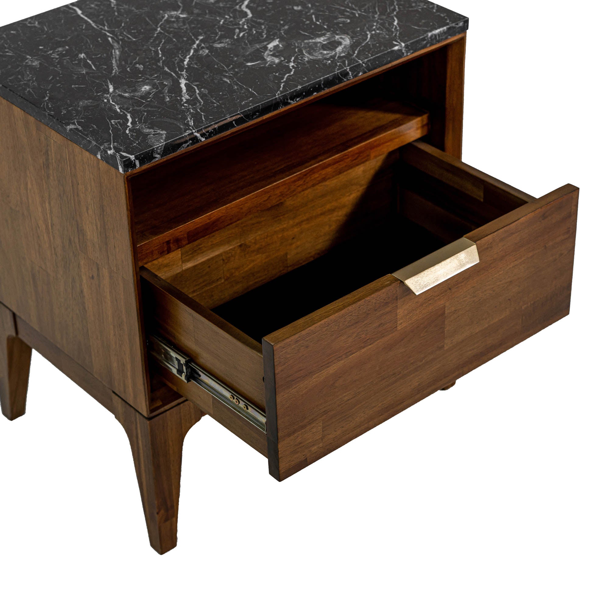 Front view of the Allure nightstand featuring a rich acacia wood frame, a single drawer with a brass handle, an open shelf, and a black marble top