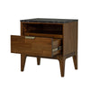 Three-quarter view with the drawer open showcasing smooth metal ball-bearing glides and high-quality internal wood construction