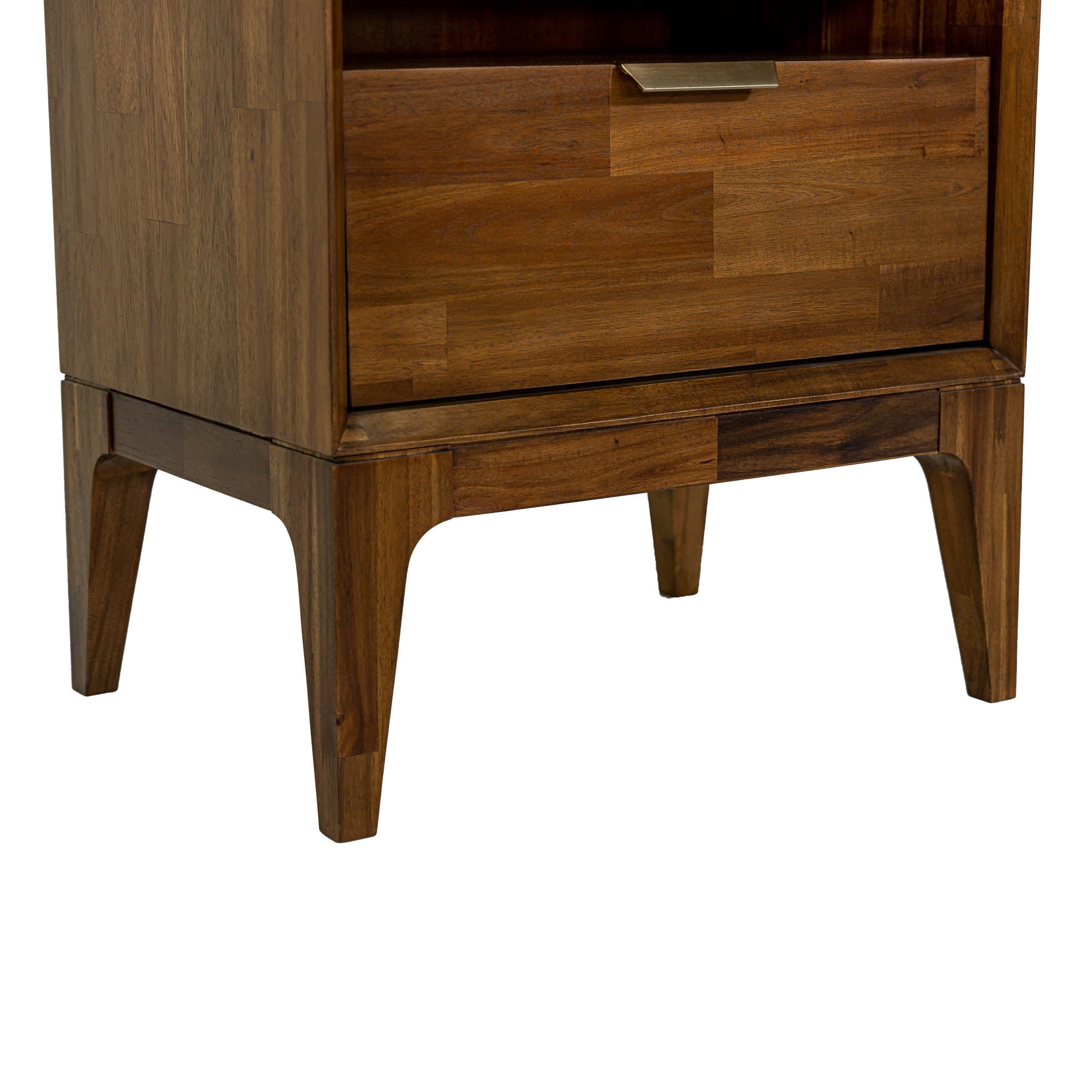 Front view of the Allure nightstand featuring a rich acacia wood frame, a single drawer with a brass handle, an open shelf, and a black marble top