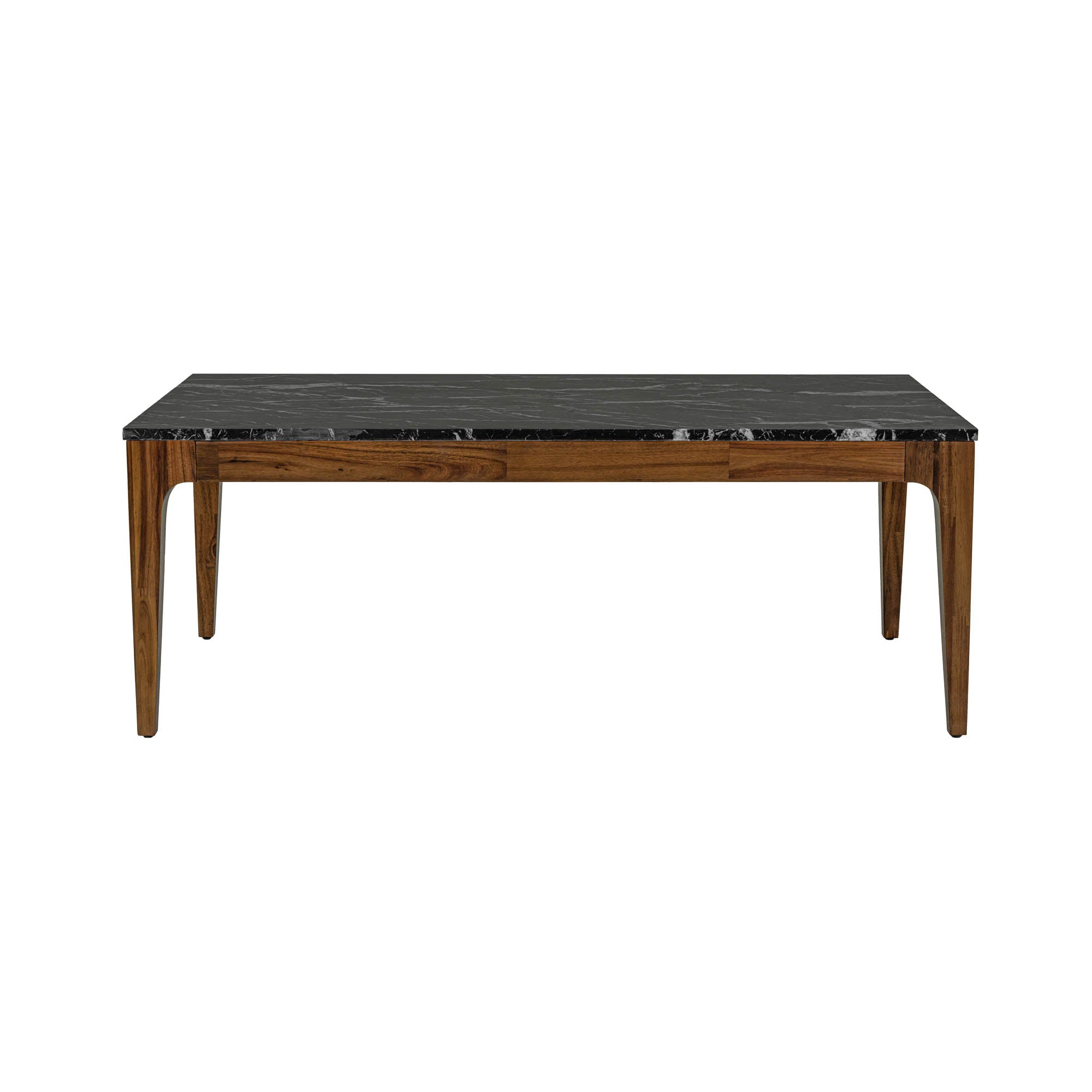 Front view of the Allure coffee table featuring a rectangular black marble top with white veining inset in a rich walnut wood frame