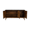 Front view with all three cabinet doors open revealing a spacious natural wood interior with fixed internal shelving