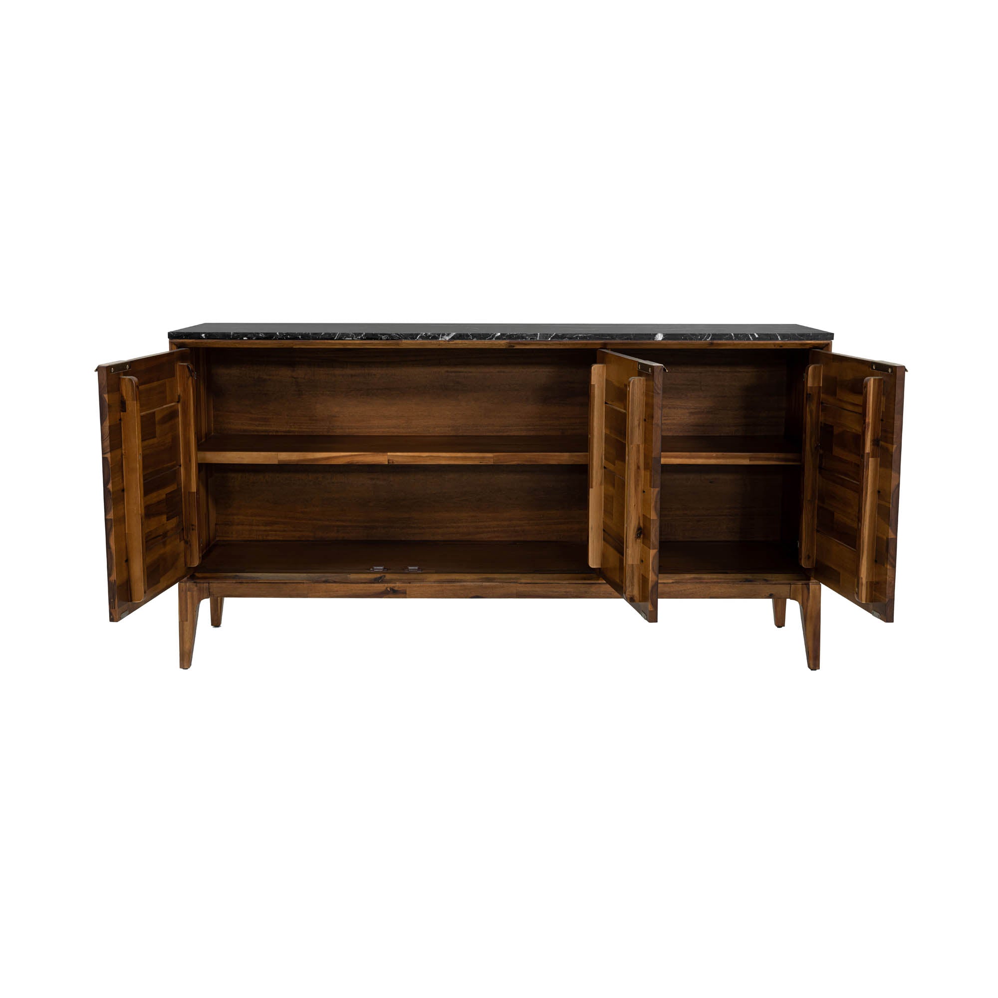 Straight-on front view highlighting the symmetrical wood grain patterns across the three storage doors and the slim gold handles