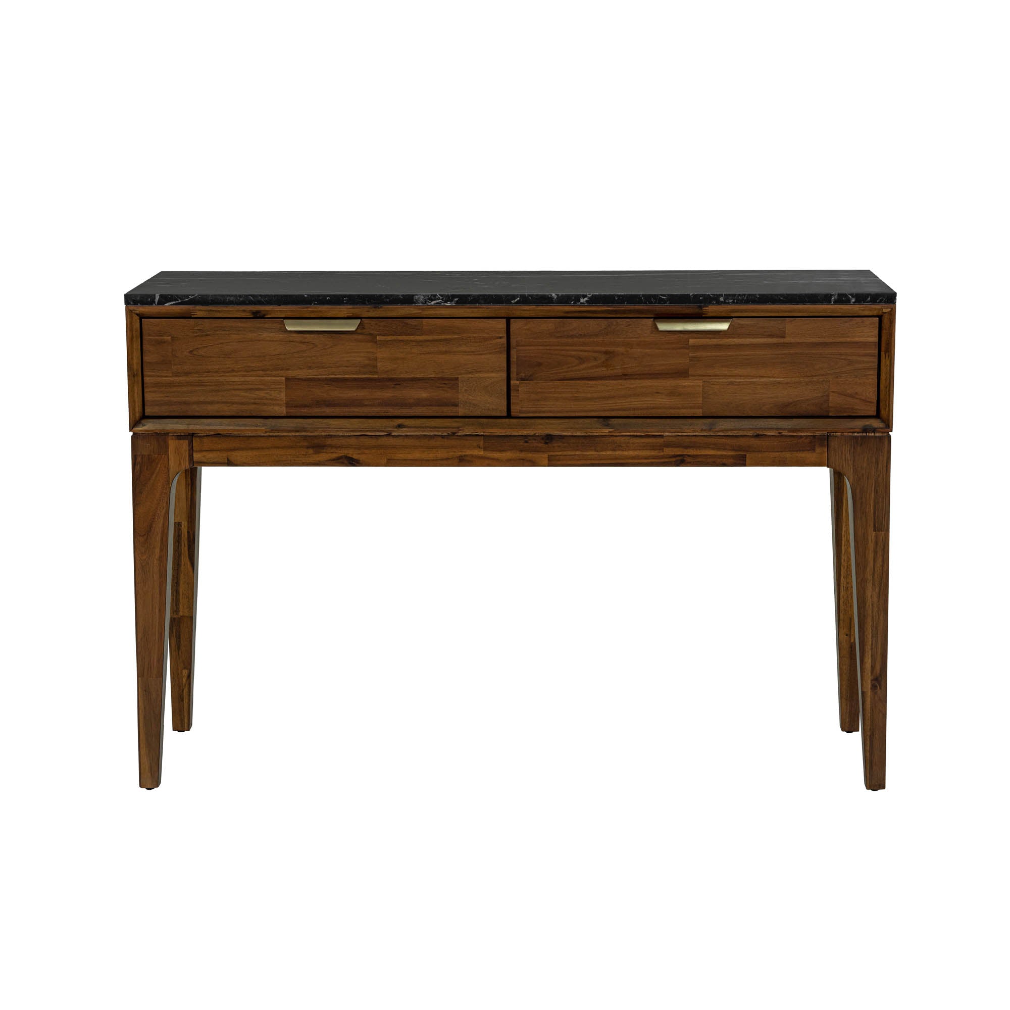 Front view of the Allure console table featuring a warm solid wood frame, two storage drawers with gold handles, and a premium black marble top