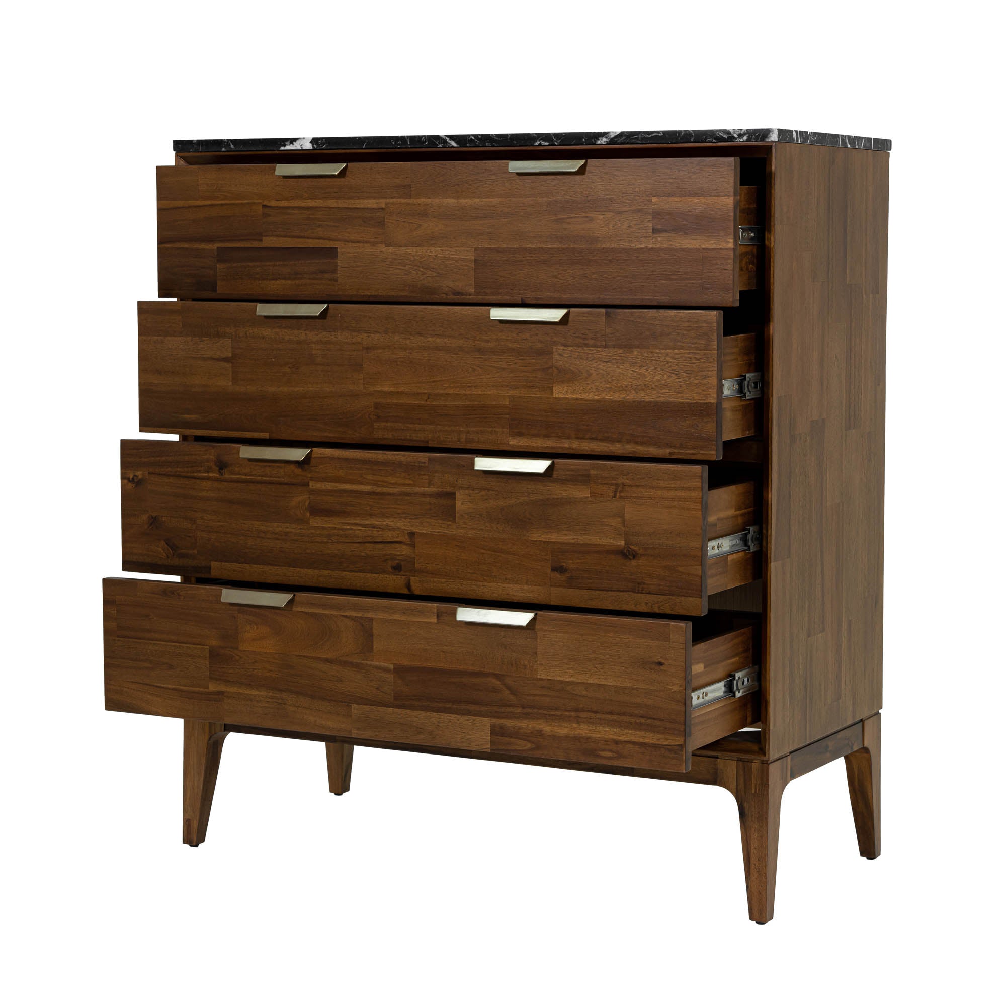 Front view of the Allure 4-drawer vertical chest featuring a rich walnut wood finish and a striking black faux marble top surface