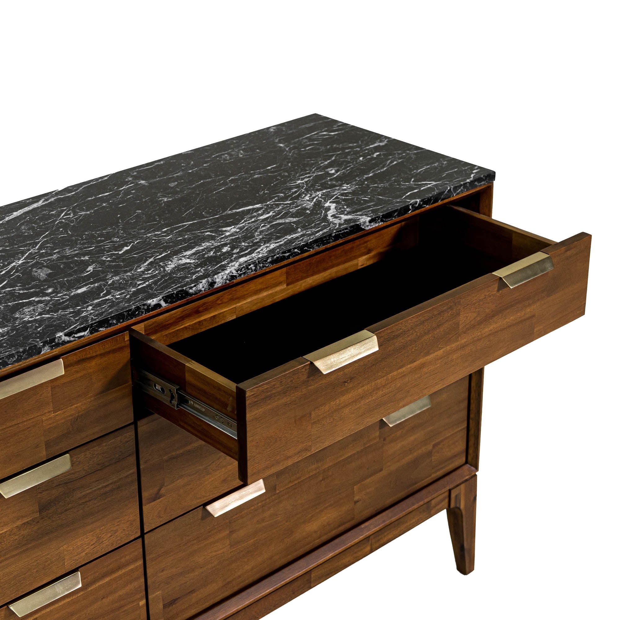 Front view of the Allure 6-drawer dresser featuring a rich walnut wood finish and a striking black faux marble top surface