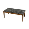 Angled shot emphasizing the structural joinery of the solid wood frame and the natural marble texture