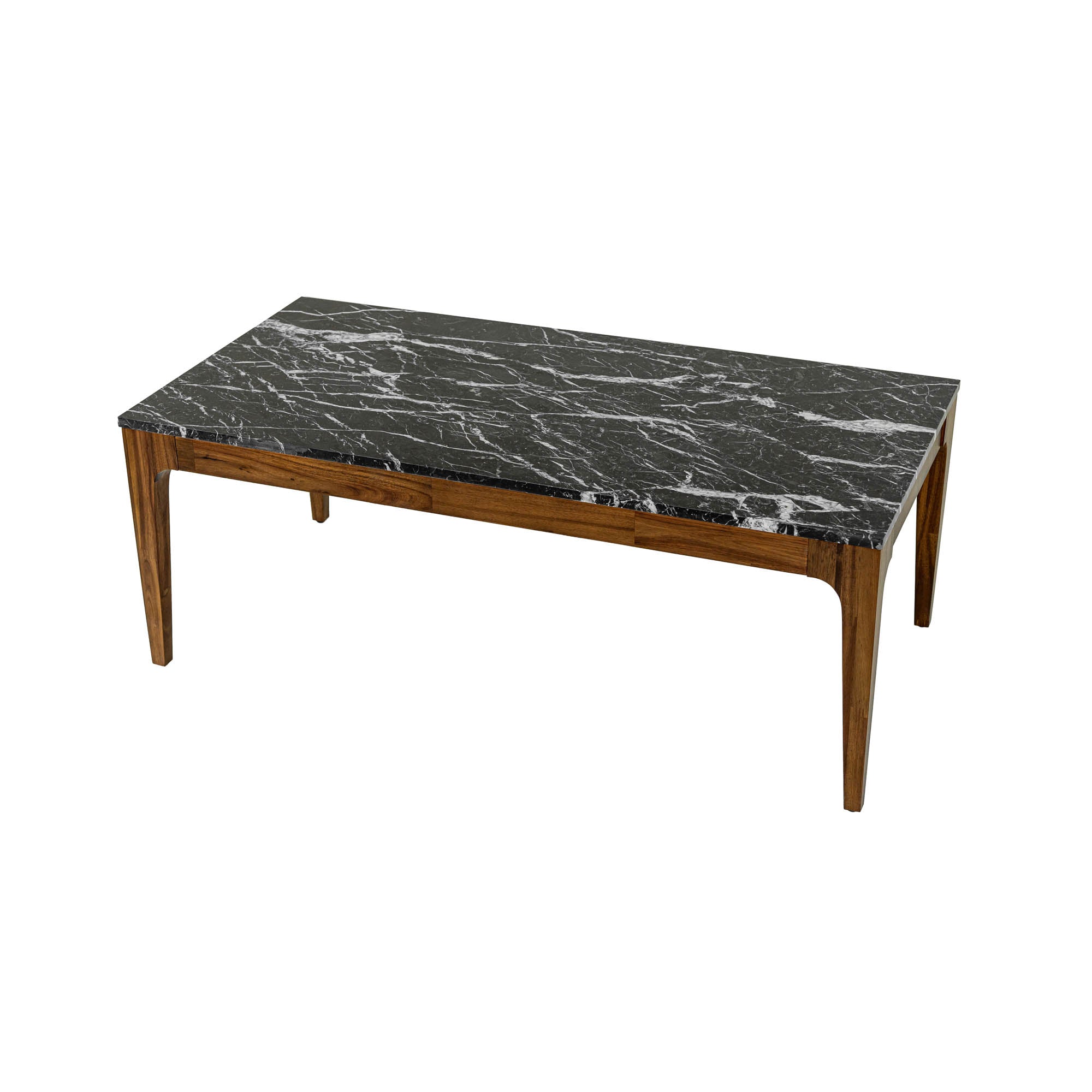 Front view of the Allure coffee table featuring a rectangular black marble top with white veining inset in a rich walnut wood frame