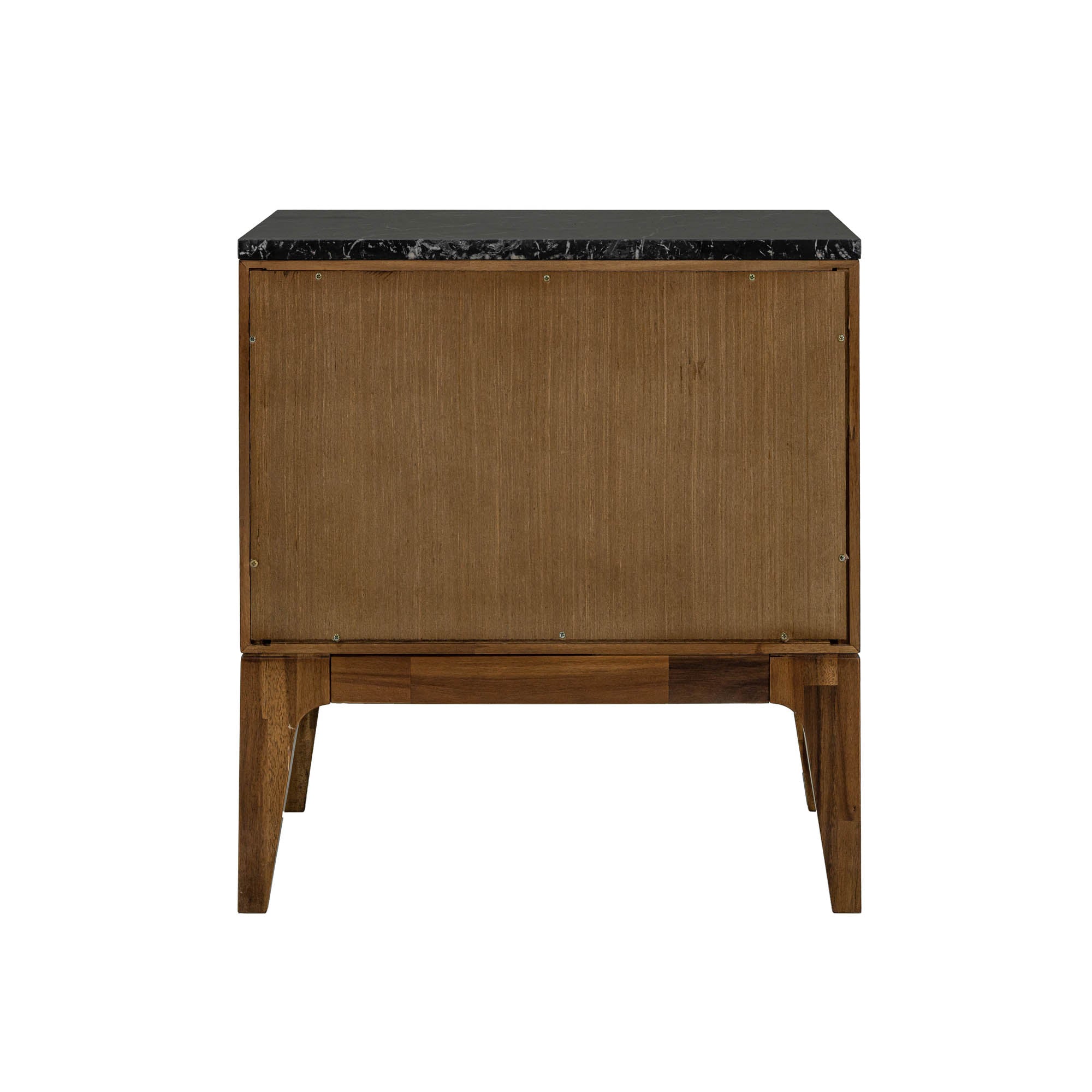 Front view of the Allure nightstand featuring a rich acacia wood frame, a single drawer with a brass handle, an open shelf, and a black marble top