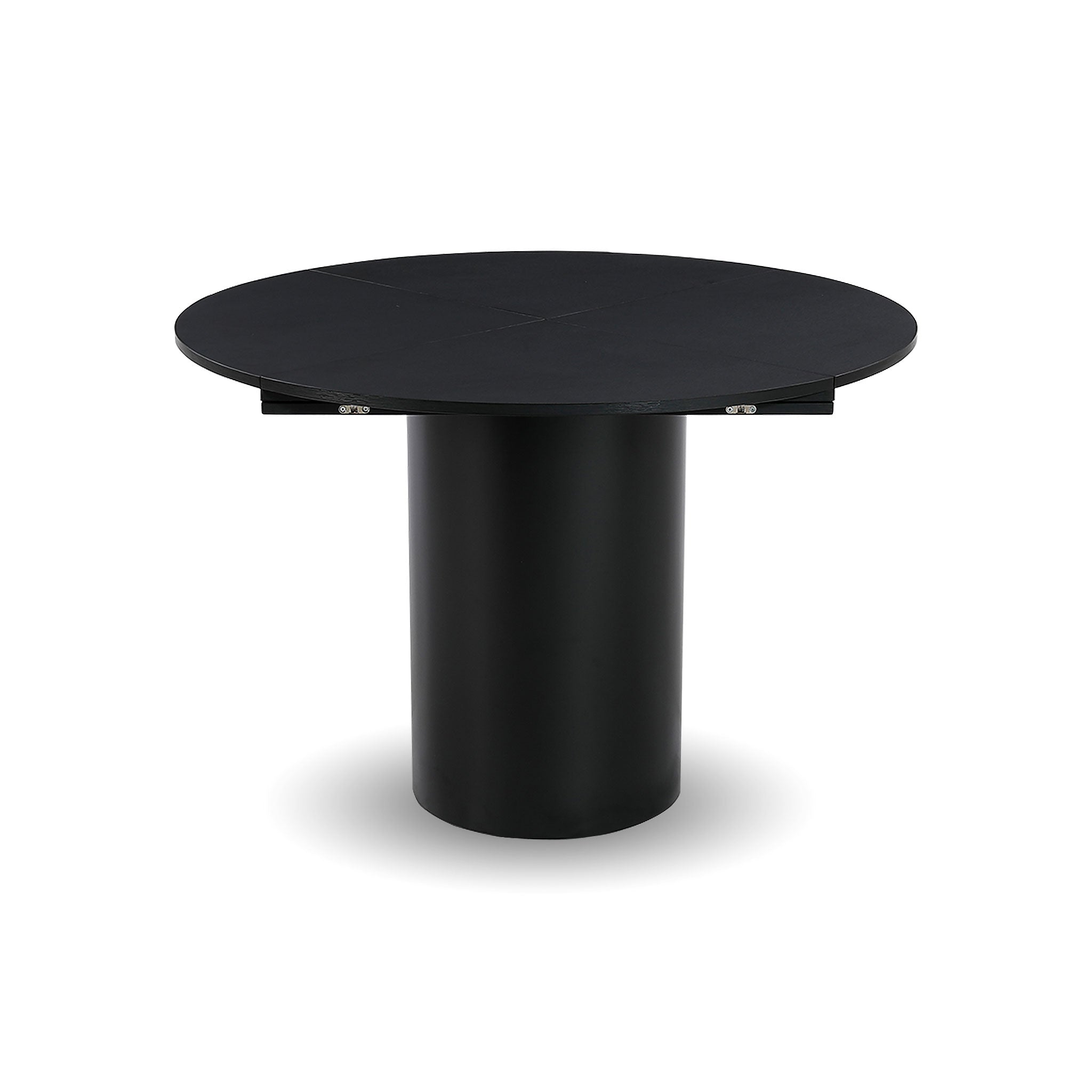 Front view of the Alter round dining table in a sleek black finish featuring a sturdy cylindrical pedestal base