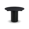 Front view of the Alter round dining table in a sleek black finish featuring a sturdy cylindrical pedestal base
