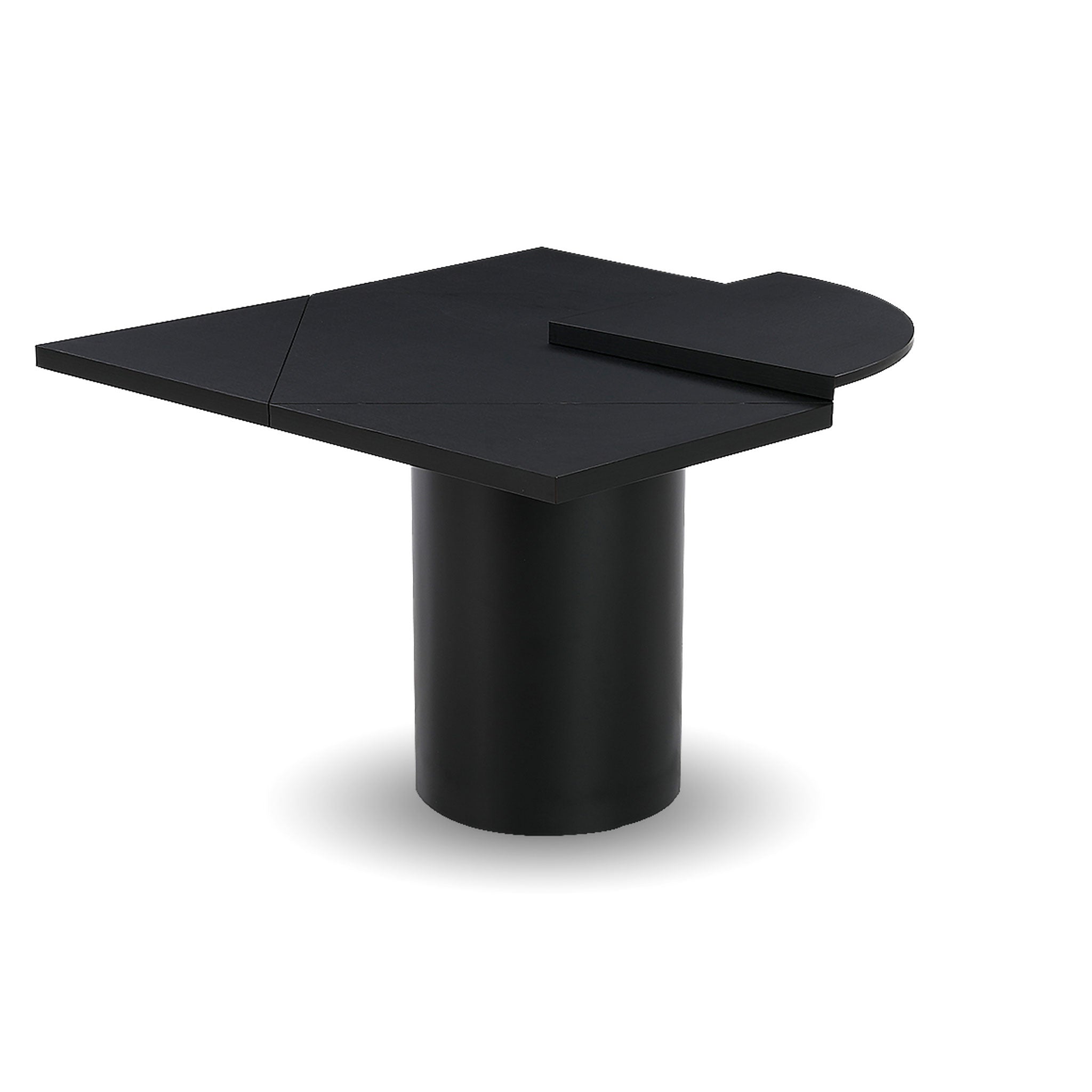 Front view of the Alter round dining table in a sleek black finish featuring a sturdy cylindrical pedestal base