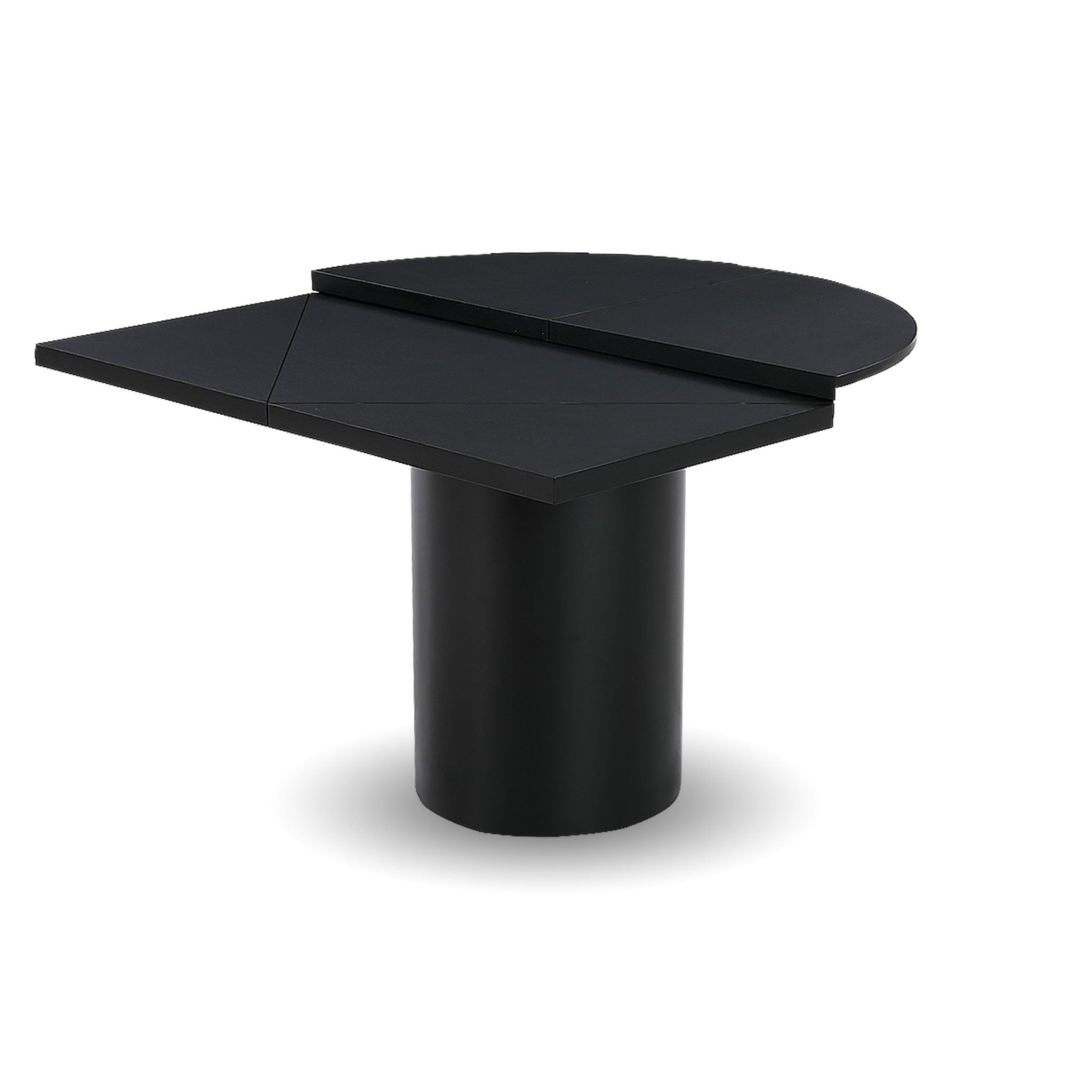 Front view of the Alter round dining table in a sleek black finish featuring a sturdy cylindrical pedestal base