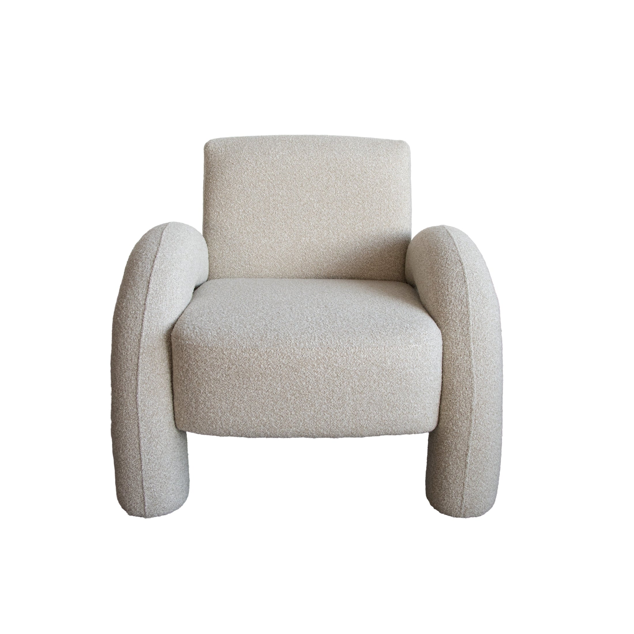 Front view of the Alva Accent Chair in cream bouclé with distinctive oversized tubular legs and a sculptural silhouette