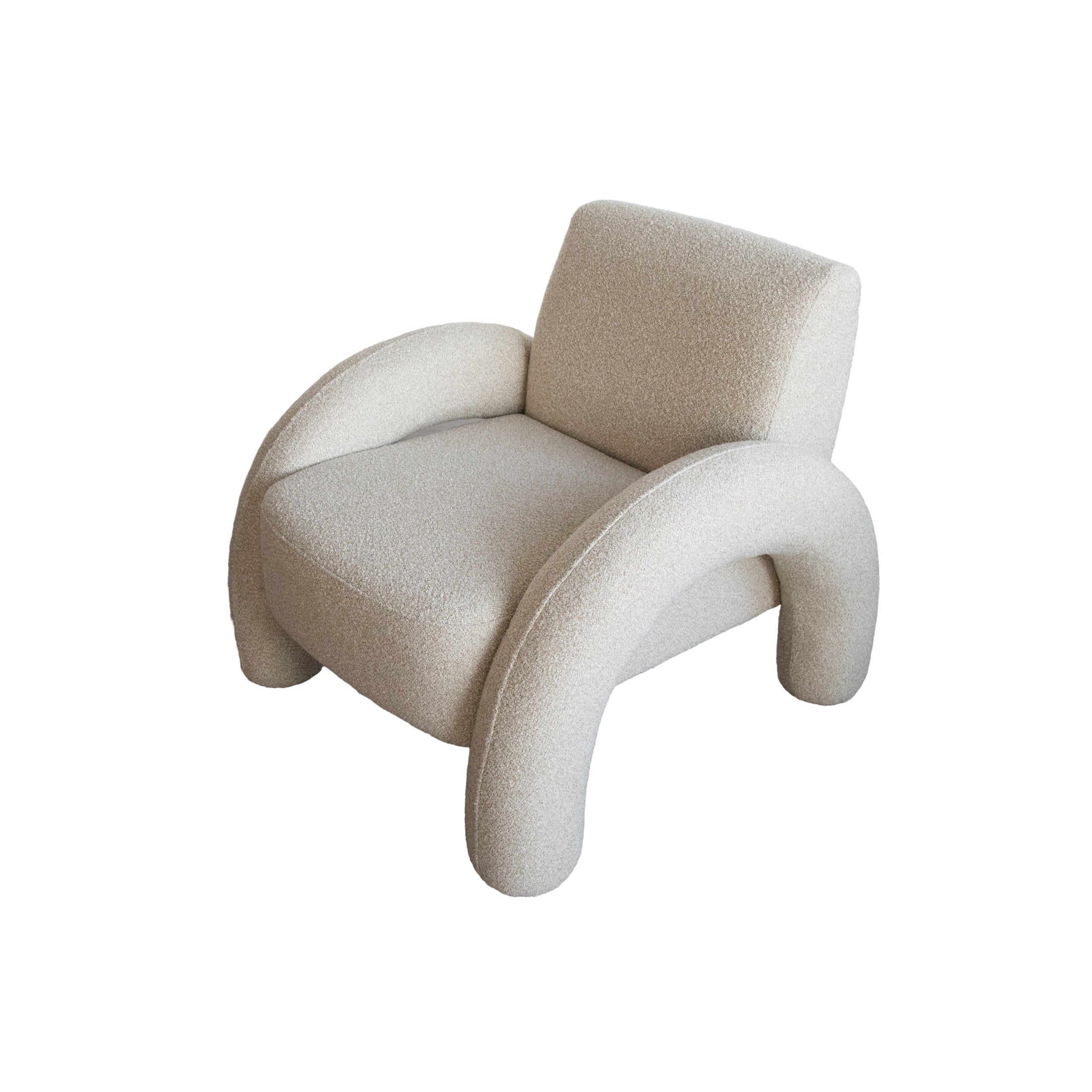 Front view of the Alva Accent Chair in cream bouclé with distinctive oversized tubular legs and a sculptural silhouette