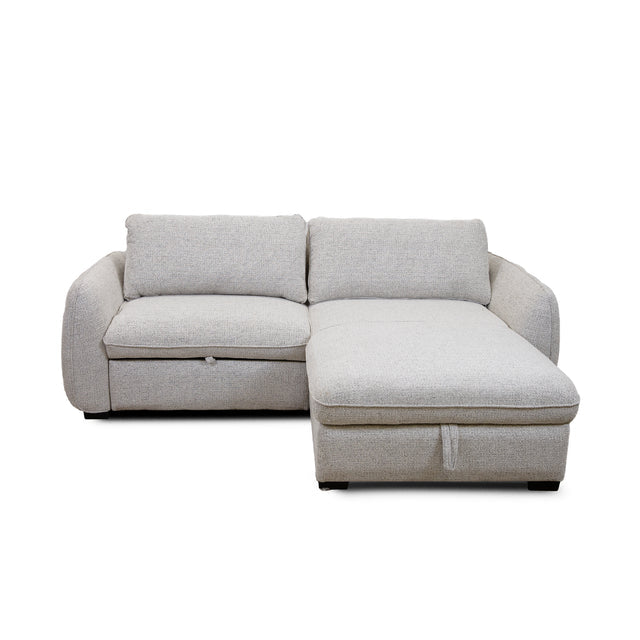 Front view of the Amira Pullout Sleeper Sectional in light grey textured fabric with a right-facing chaise.