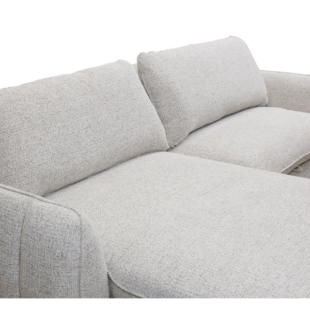 Front view of the Amira Pullout Sleeper Sectional in light grey textured fabric with a right-facing chaise.