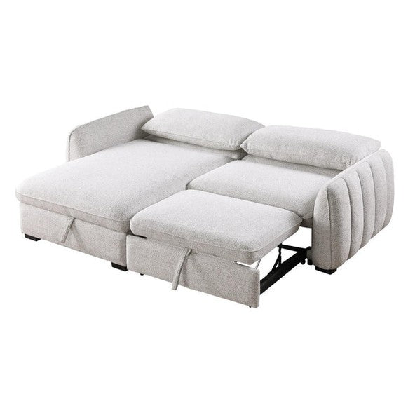 Front view of the Amira Pullout Sleeper Sectional in light grey textured fabric with a right-facing chaise.