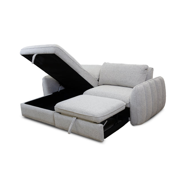 Front view of the Amira Pullout Sleeper Sectional in light grey textured fabric with a right-facing chaise.