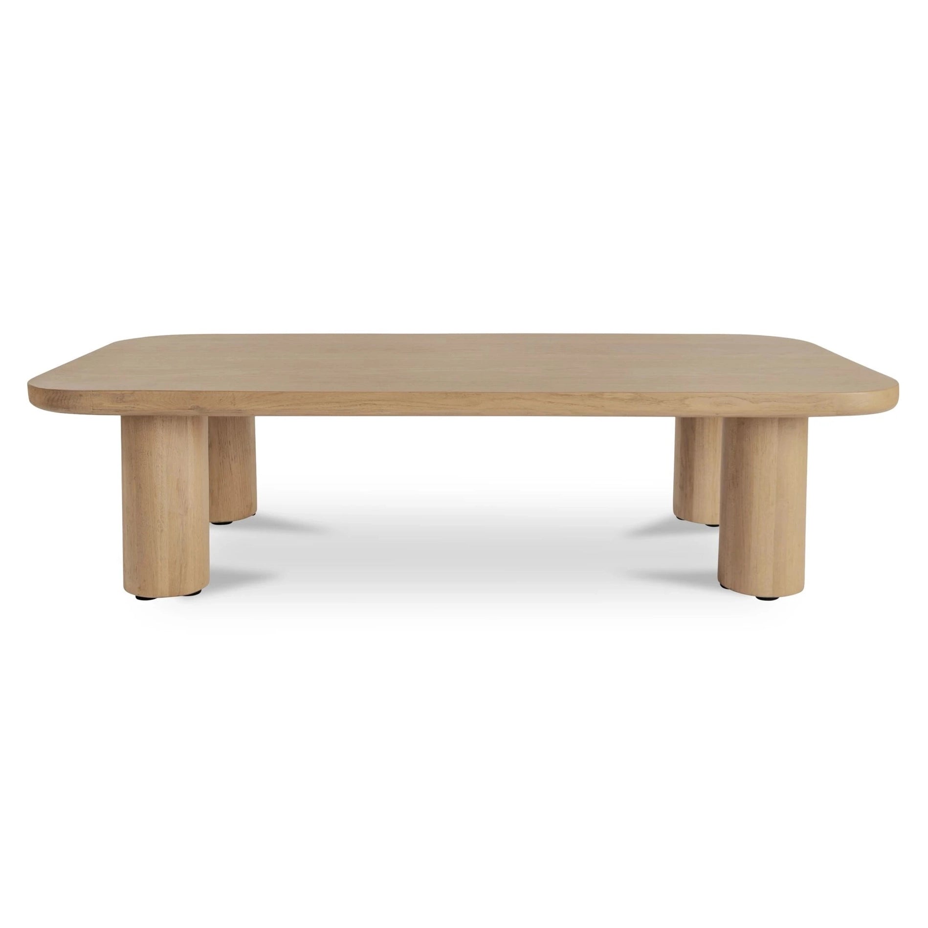 Front view of the Anders coffee table featuring a smooth natural oak finish and four sturdy cylindrical pedestal legs