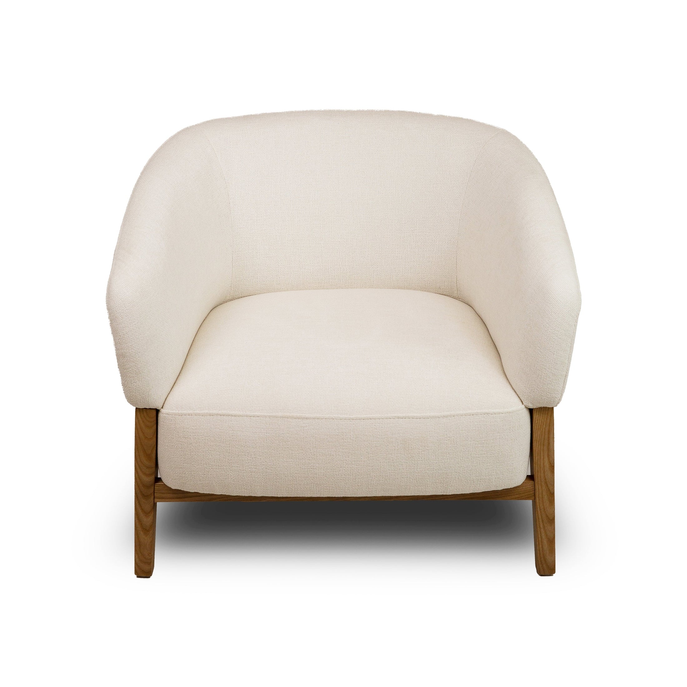 Front view of the Annika Accent Chair in Joyce Ivory textured fabric with a tapered oak wood base.