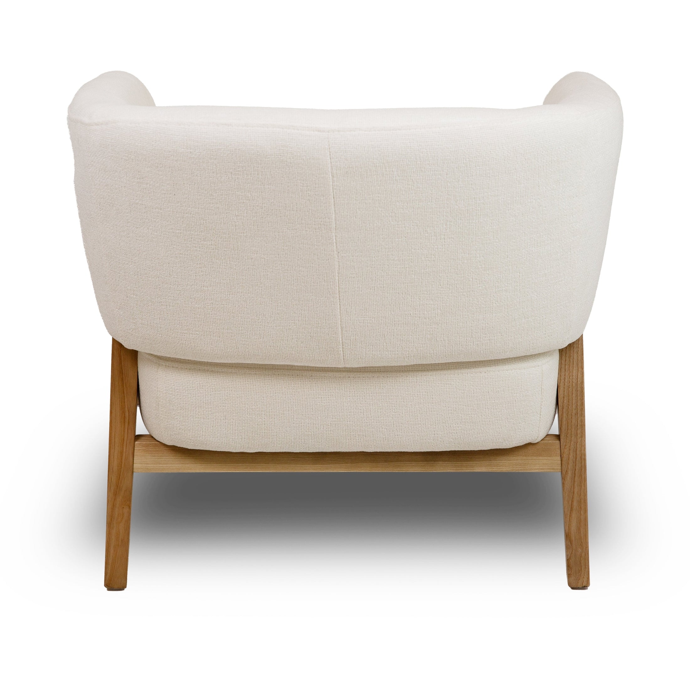 Front view of the Annika Accent Chair in Joyce Ivory textured fabric with a tapered oak wood base.