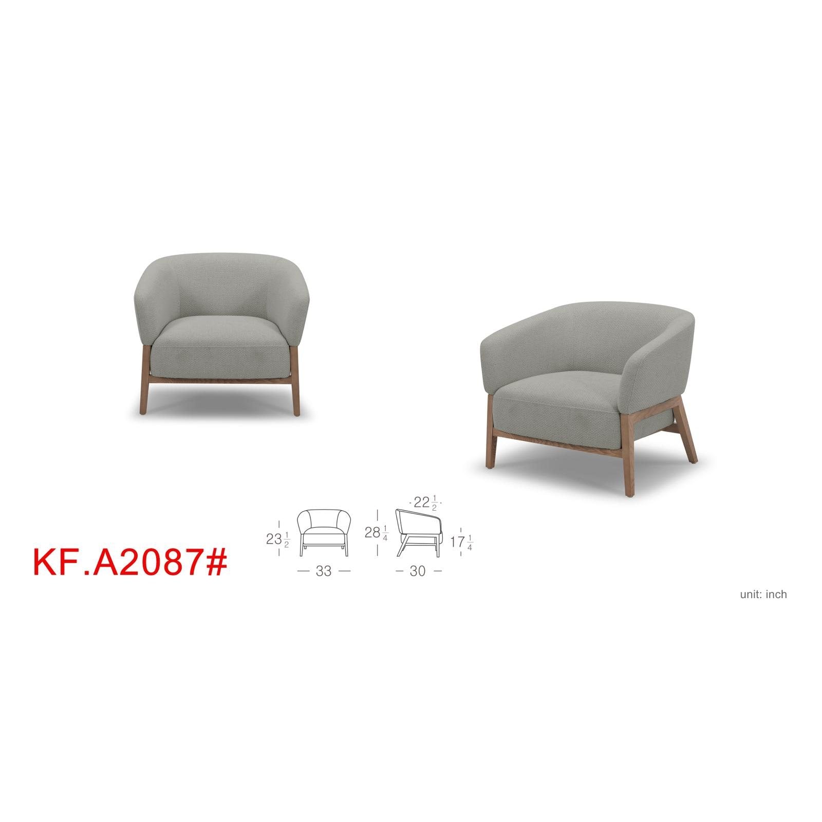 Front view of the Annika Accent Chair in Joyce Ivory textured fabric with a tapered oak wood base.