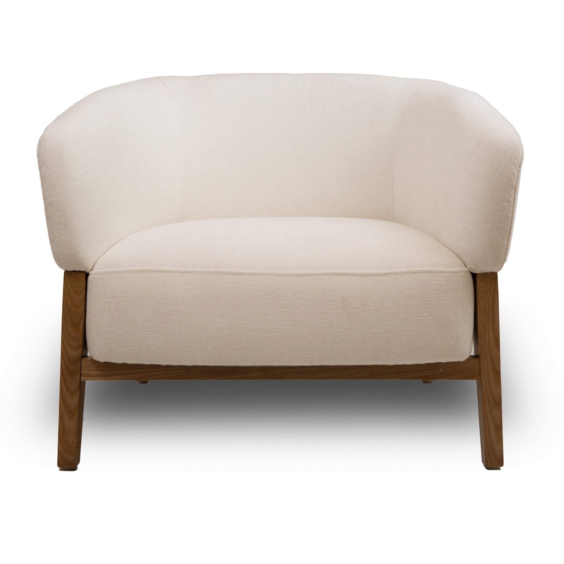 Front view of the Annika Accent Chair in Joyce Ivory textured fabric with a tapered oak wood base.
