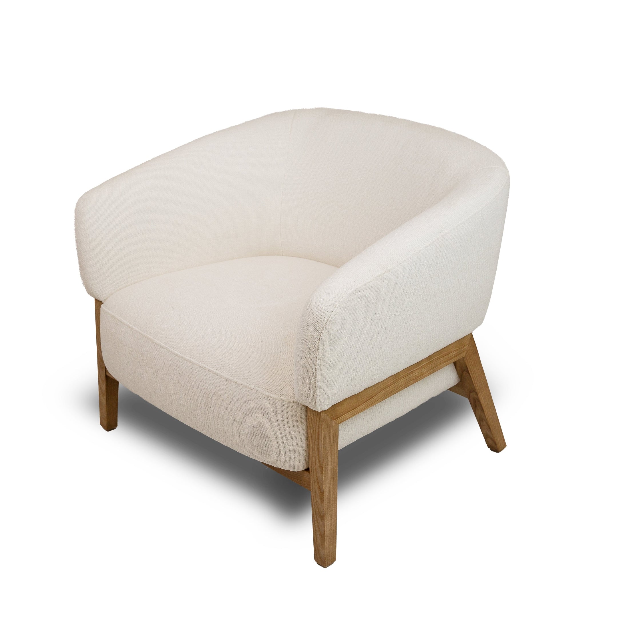 Front view of the Annika Accent Chair in Joyce Ivory textured fabric with a tapered oak wood base.