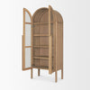 Perspective view with one door open to showcase the spacious interior wood shelving