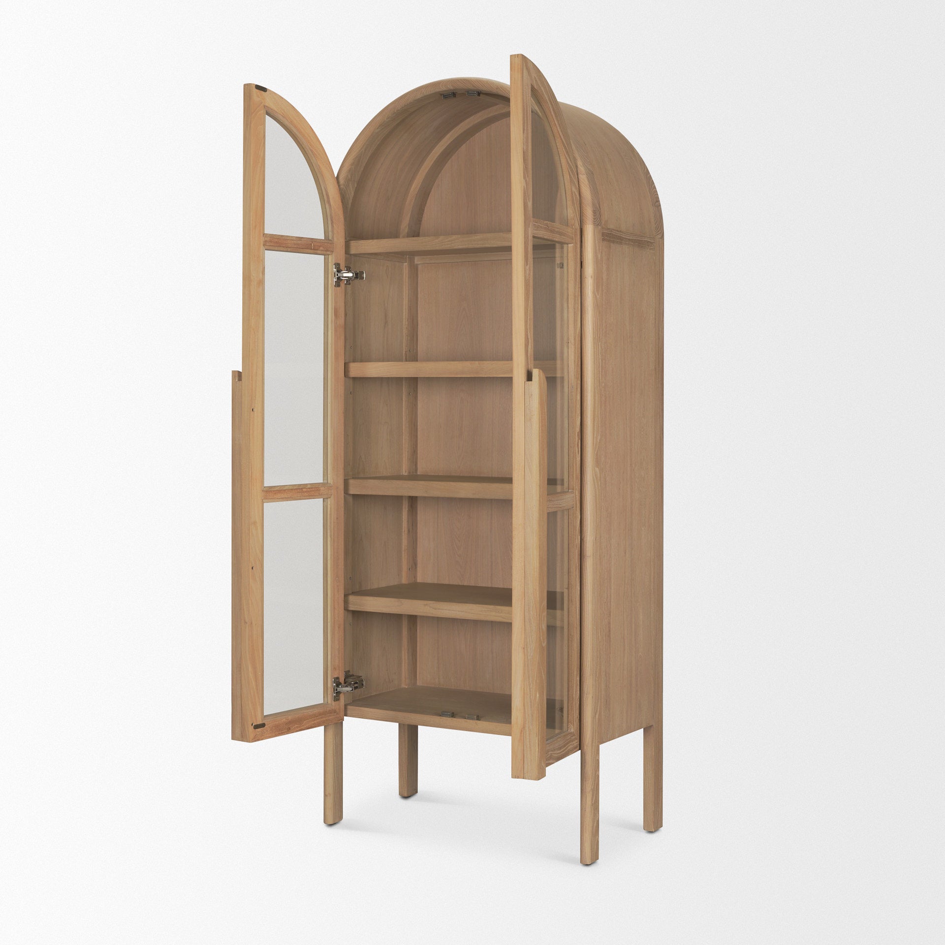 Front view of the Callum arched cabinet featuring light brown elm wood construction and tall glass double doors