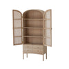Front view with arched cane doors open to reveal three spacious internal shelves and the top surface of the drawer unit