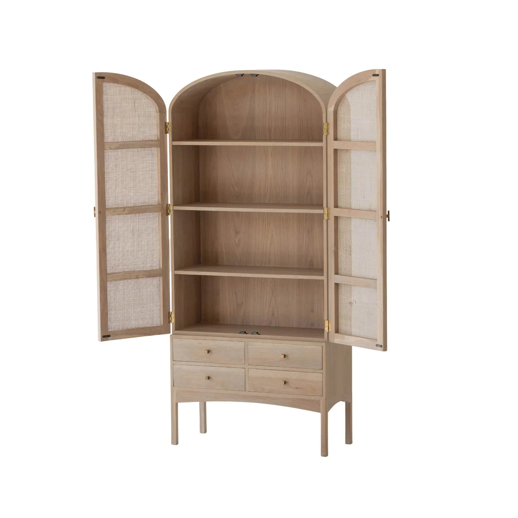 Three-quarter perspective view highlighting the curved silhouette and the light oak wood frame of the arched storage unit