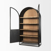Perspective view with one door open revealing four spacious natural wood storage shelves