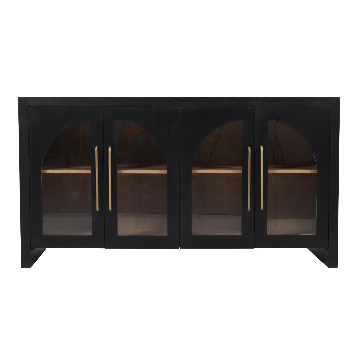 Front view of the Archimedes 60-inch console in ebony oak featuring four elegant arched glass doors and slim gold vertical handles
