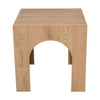 Front view of the Archimedes end table featuring a square top and a unique sculptural base with deep architectural arches crafted from light natural oak