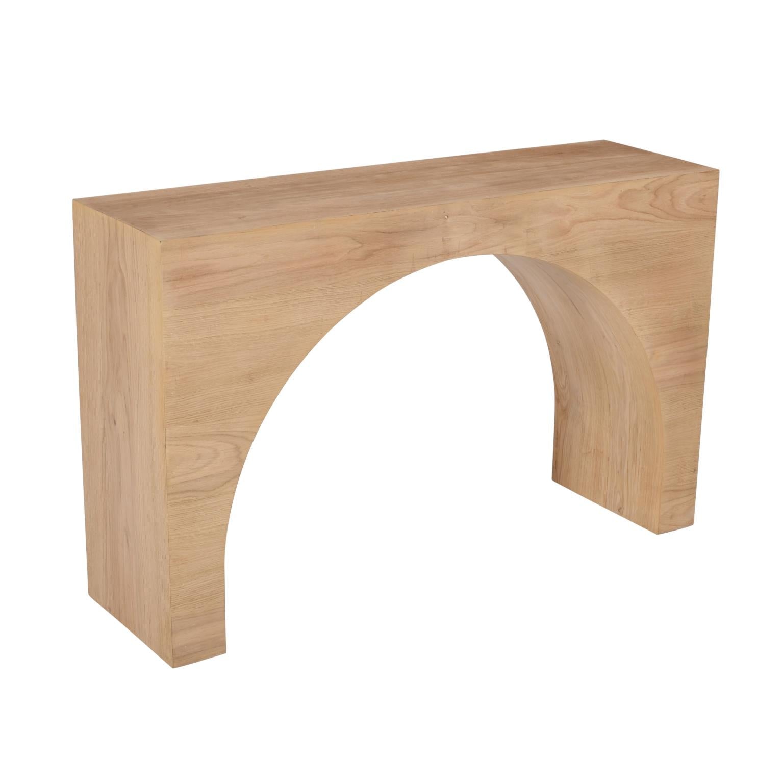 Straight-on front view highlighting the architectural semi-circle arched silhouette and seamless wood construction