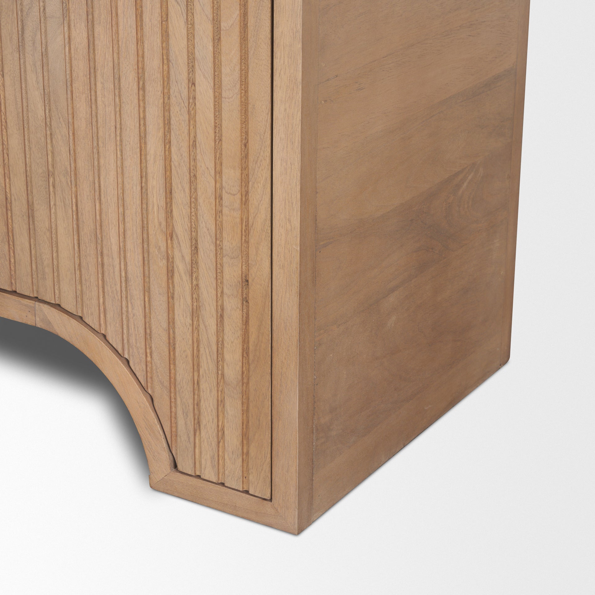 Front view of the Sorina curio cabinet featuring a light brown wood finish and a striking reverse fluted arched design