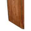 Detailed view of the wide curved slab leg showcasing the natural character and warm tones of the solid wood