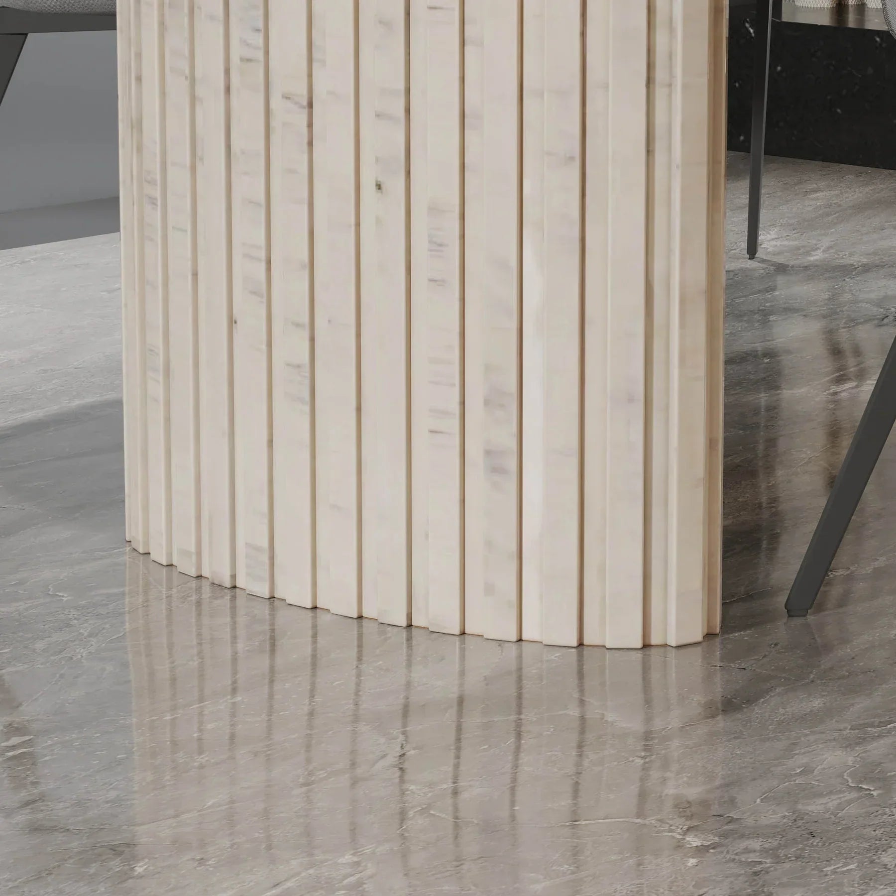 Front view of the Hedron dining table in a natural oak finish featuring rounded corners and two thick ribbed pedestal legs