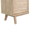 Detailed view of the sturdy tapered wood leg and the underside of the cabinet frame