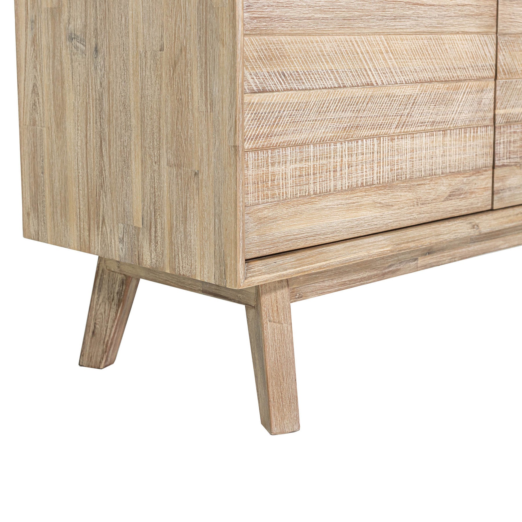 Front perspective view of the Gia sideboard featuring natural wood construction with horizontal textured paneling and three top drawers
