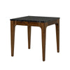 Wide-side view highlighting the continuous wood grain of the walnut frame and the sleek profile of the marble top