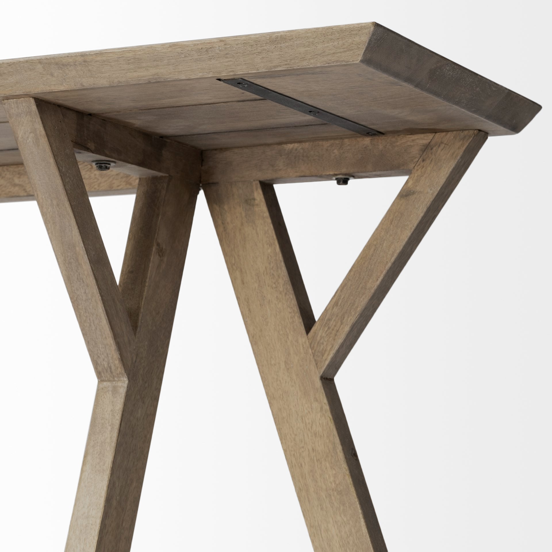 Front view of the Jennings console table in brown wood featuring a minimalist architectural design with unique Y-shaped legs