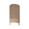 Front perspective view of the Arco tall cabinet featuring a graceful arched top natural cane door panels and four integrated storage drawers