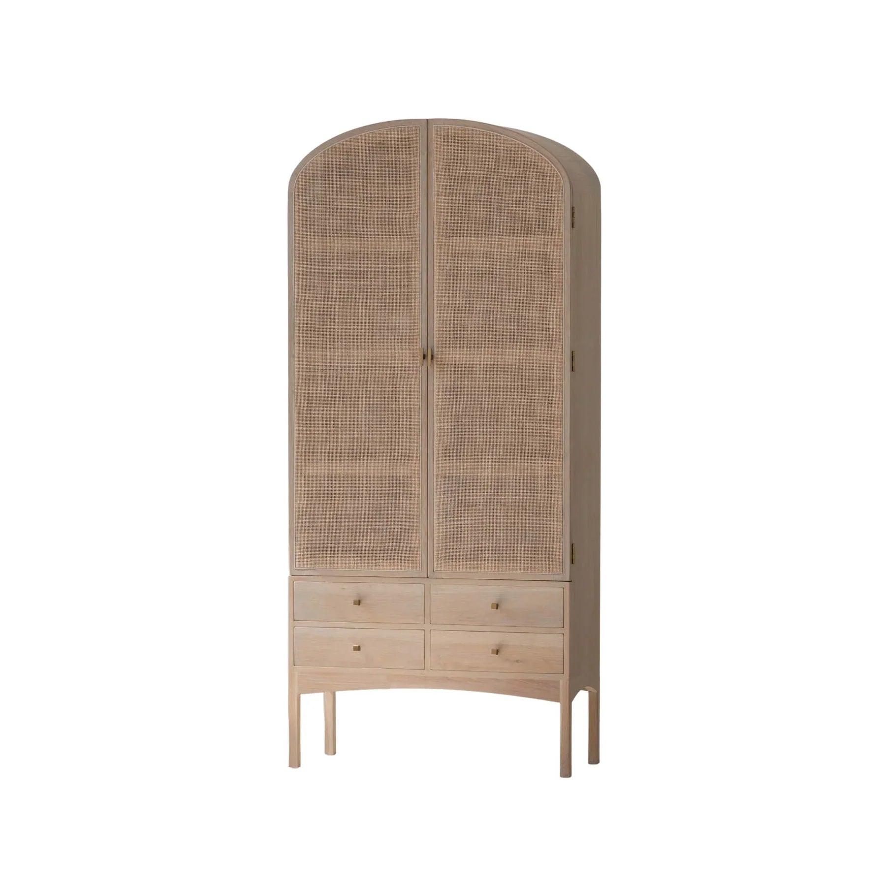 Three-quarter perspective view highlighting the curved silhouette and the light oak wood frame of the arched storage unit
