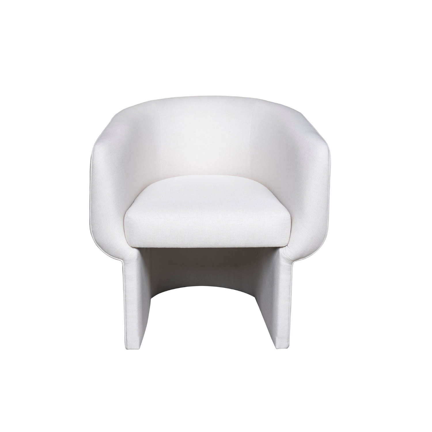 Front view of the Ariana Club Chair in white linen fabric featuring thick sculptural arched oak arms