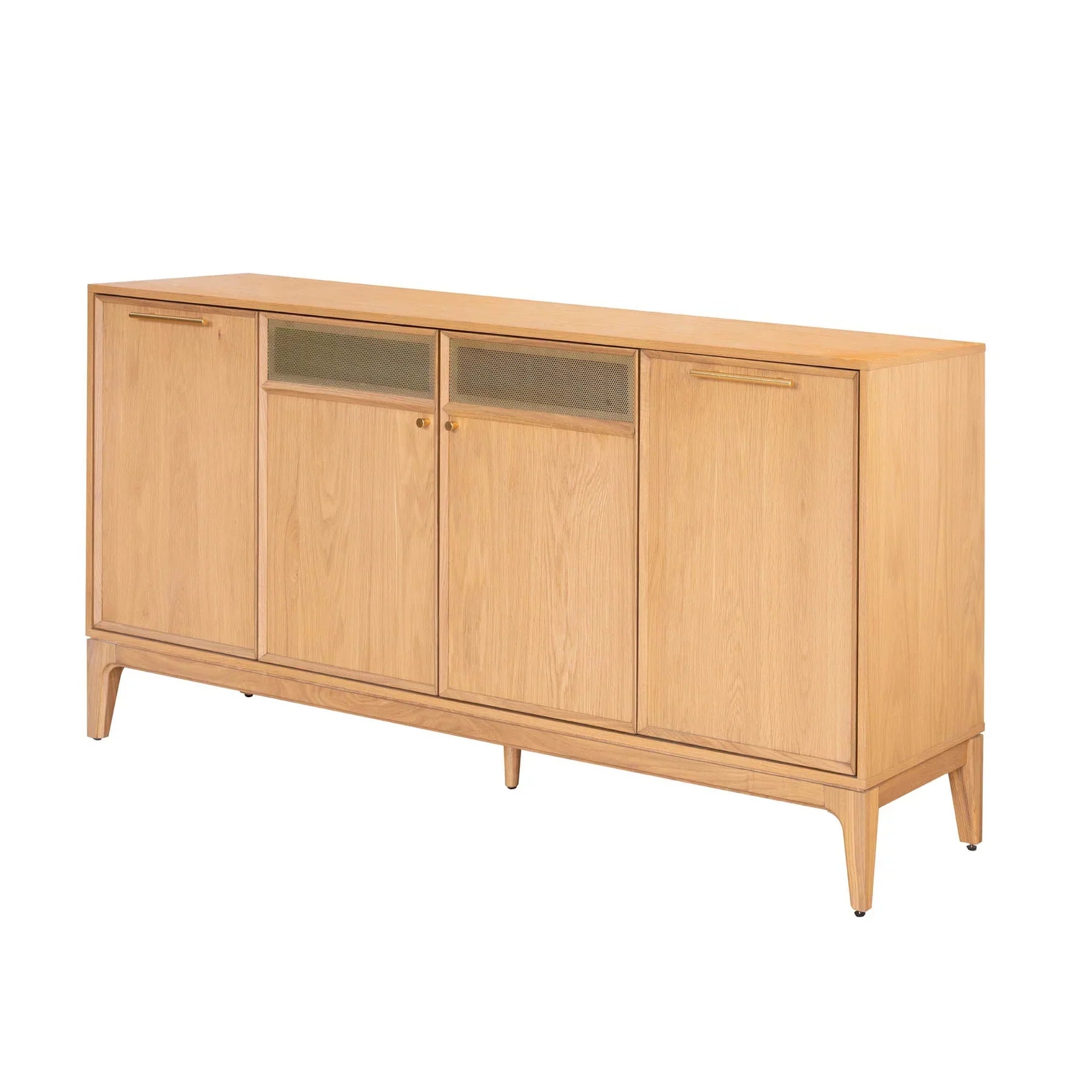 Three-quarter perspective view of the Arizona 4-door sideboard in a natural oak finish featuring two central metal mesh door inlays and tapered wood legs